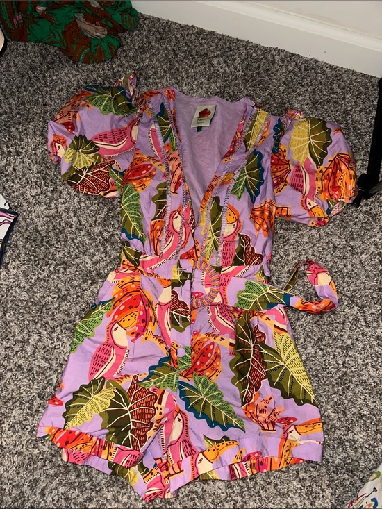 FARM Rio Pants - Farm Rio Lavender Tropical Print Short Romper with Puff Sleeves and Belt